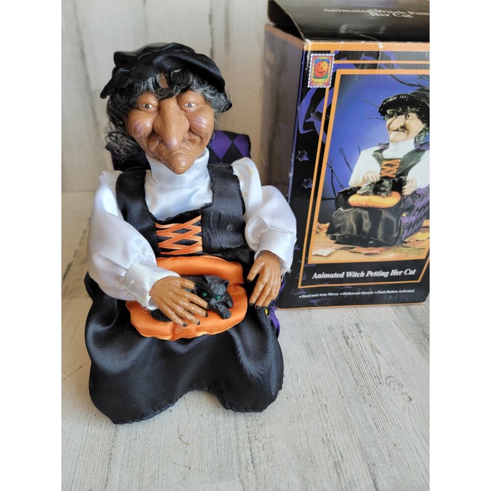 Gemmy AS IS animated witch petting cat Halloween prop decor